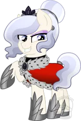 Size: 606x900 | Tagged: safe, artist:tambelon, derpibooru import, oc, oc:opalescent pearl, unofficial characters only, crystal pony, pony, alternate timeline, cape, clothes, corrupted, female, jewelry, mare, solo, tiara, watermark