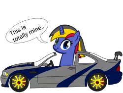 Size: 1600x1200 | Tagged: safe, artist:toyminator900, derpibooru import, oc, oc:wheelie rims, unofficial characters only, pony, unicorn, bmw, bmw e46, bmw m3, bmw m3 gtr, car, faic, female, heterochromia, looking at you, mare, need for speed, need for speed: most wanted, simple background, smiling, smirk, solo, speech bubble, transparent background, twiface