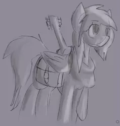 Size: 657x692 | Tagged: safe, artist:candel, derpibooru import, oc, oc:candlelight, unofficial characters only, pegasus, pony, clothes, guitar, male, saddle bag, scarf, simple background, sketch, solo