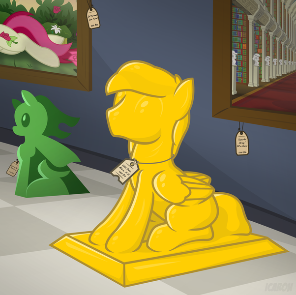 Size: 4000x3985 | Tagged: questionable, artist:icaron, derpibooru import, oc, oc:sylvan, unofficial characters only, pegasus, pony, art gallery, bondage, encasement, gold, inanimate tf, objectification, show accurate, show accurate porn, statue, transformation