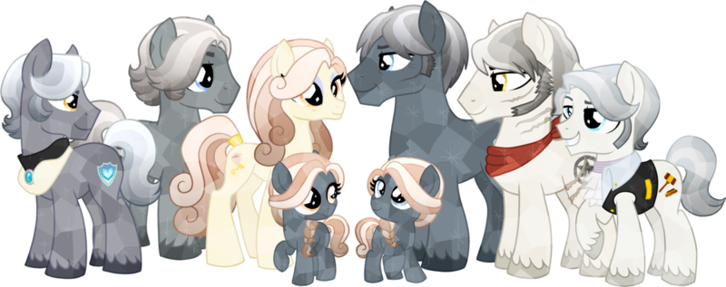 Size: 1280x507 | Tagged: safe, artist:tambelon, derpibooru import, oc, oc:cashmere, oc:pashmina, oc:platinum crest, oc:rose gold, oc:stainless steel, oc:steel wool, oc:sterling silver, oc:titanium shield, unofficial characters only, crystal pony, pony, bandana, base used, family, female, filly, male, mare, offspring, parent:oc:rose gold, parent:oc:steel wool, scar, siblings, stallion