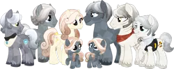 Size: 1280x507 | Tagged: safe, artist:tambelon, derpibooru import, oc, oc:cashmere, oc:pashmina, oc:platinum crest, oc:rose gold, oc:stainless steel, oc:steel wool, oc:sterling silver, oc:titanium shield, unofficial characters only, crystal pony, pony, bandana, base used, family, female, filly, male, mare, offspring, parent:oc:rose gold, parent:oc:steel wool, scar, siblings, stallion