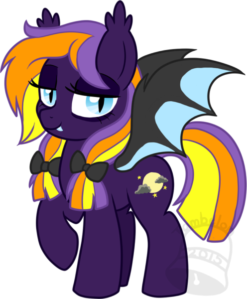 Size: 579x700 | Tagged: safe, artist:tambelon, derpibooru import, oc, oc:witching hour, unofficial characters only, bat pony, pony, female, mare, solo, watermark