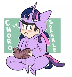 Size: 855x918 | Tagged: abstract background, artist:regkitty, choromatsu, clothes, cosplay, costume, crossover, derpibooru import, exclamation point, human, interrobang, kigurumi, question mark, reading, safe, solo, twilight sparkle