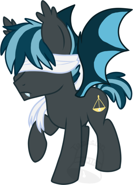 Size: 502x700 | Tagged: safe, artist:tambelon, derpibooru import, oc, oc:blind justice, unofficial characters only, bat pony, pony, blindfold, male, solo, stallion