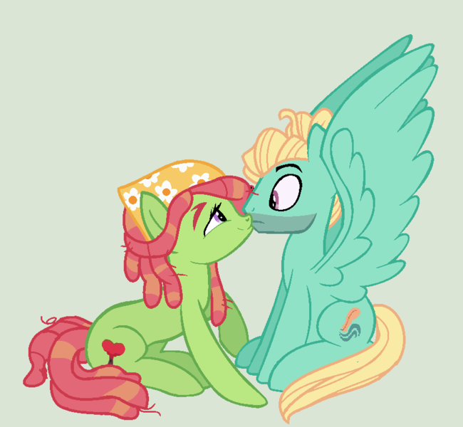 Size: 864x798 | Tagged: artist:florfru, crack shipping, derpibooru import, female, kissing, male, safe, shipping, simple background, sitting, spread wings, straight, tree hugger, wingboner, zephyr breeze, zephyrhugger