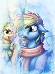 Size: 3000x4000 | Tagged: safe, artist:lupiarts, derpibooru import, applejack, rainbow dash, pony, clothes, duo, female, filly, floppy ears, hat, ice, icicle, open mouth, scarf, smiling, snow, stuck, tongue out, tongue stuck to pole