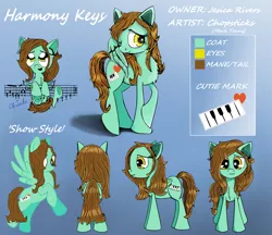 Size: 3819x3299 | Tagged: safe, artist:chopsticks, derpibooru import, oc, oc:harmony keys, unofficial characters only, pegasus, pony, chibi, color, commission, cute, cutie mark, female, gradient background, mare, reference sheet, shy, solo, text, turnaround