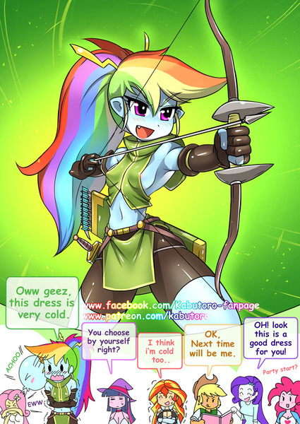 Size: 750x1059 | Tagged: questionable, artist:kabutoro, derpibooru import, applejack, fluttershy, pinkie pie, rainbow dash, rarity, sunset shimmer, twilight sparkle, comic:equestria fantasy, equestria girls, archer, areola, arrow, belly button, book, bow (weapon), bow and arrow, breasts, busty sunset shimmer, busty twilight sparkle, cleavage, clothes, cold, compression shorts, dialogue, disgusted, dungeons and dragons, female, humane five, humane seven, humane six, mage, midriff, ogres and oubliettes, reality ensues, shivering, sideboob, smiling, sneezing, solo focus, tanktop, weapon