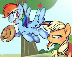 Size: 1280x1024 | Tagged: safe, artist:haden-2375, derpibooru import, applejack, rainbow dash, pony, accessory theft, annoyed, applejack is not amused, applejack wants her hat back, blushing, cowboy hat, duo, flying, hat, open mouth, smiling, stetson, sweet apple acres, this will end in angry countryisms, this will end in pain and/or angry countryisms, tree, unamused