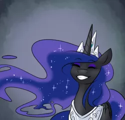 Size: 750x720 | Tagged: safe, artist:its-gloomy, derpibooru import, nightmare moon, alicorn, pony, tumblr:ask queen moon, cute, eyes closed, eyeshadow, fangs, female, gradient background, grin, happy, makeup, mare, moonabetes, nicemare moon, smiling, solo