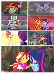 Size: 708x944 | Tagged: safe, derpibooru import, screencap, applejack, fluttershy, indigo zap, lemon zest, neon lights, pinkie pie, rainbow dash, rarity, rising star, sci-twi, spike, sugarcoat, sunny flare, sunset shimmer, twilight sparkle, twilight sparkle (alicorn), alicorn, dog, equestria girls, equestria girls (movie), friendship games, legend of everfree, my past is not today, boots, camp everfree outfits, canterlot high, cowboy boots, crystal prep shadowbolts, daydream shimmer, fall formal outfits, hand, high heel boots, holding hands, implied lesbian, implied scitwishimmer, implied shipping, implied sunsetsparkle, mane seven, mane six, microphone, midnight sparkle, ponied up, ponytail, sparkles, spike the dog, sun, welcome to the show
