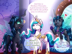 Size: 1333x1000 | Tagged: safe, artist:vavacung, derpibooru import, idw, princess celestia, queen chrysalis, alicorn, changeling, pony, spoiler:comic, blushing, chrysalis encounters herself, crown, dialogue, eyes closed, female, glasses, heart, jewelry, mare, mirror universe, peytral, raised hoof, regalia, reversalis, smiling, spread wings, trio