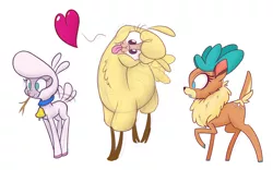 Size: 1280x800 | Tagged: safe, artist:heir-of-rick, derpibooru import, paprika paca, pom lamb, velvet reindeer, alpaca, deer, reindeer, sheep, them's fightin' herds, behaving like a dog, community related, heart, lamb, looking at you, simple background, tongue out, white background