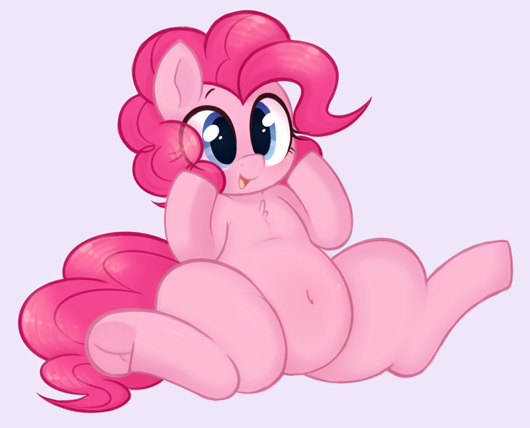 Size: 978x791 | Tagged: artist:toroitimu, belly button, chest fluff, chubby, cute, dead source, derpibooru import, diapinkes, eye clipping through hair, featureless crotch, frog (hoof), open mouth, pinkie pie, safe, simple background, solo, underhoof