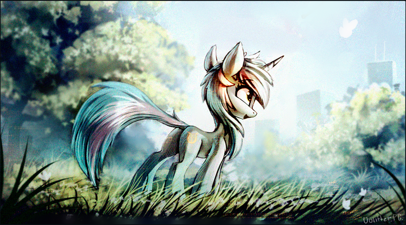 Size: 934x517 | Tagged: safe, artist:ramiras, derpibooru import, lyra heartstrings, pony, unicorn, cute, dock, female, grass, looking at something, looking away, looking up, mare, meadow, open mouth, plot, scenery, smiling, solo