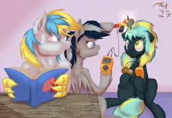 Size: 1249x861 | Tagged: safe, artist:frist44, derpibooru import, oc, oc:cirrus sky, oc:daturea eventide, oc:electro current, unofficial characters only, bat pony, hippogriff, pony, unicorn, cirrent, clamp meter, cute, digital multimeter, electricity, experiment, fluffy, food, for science, hoof hold, measuring, musical instrument, potato, reading, superconductor