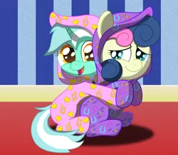 Size: 2300x2000 | Tagged: safe, artist:spellboundcanvas, derpibooru import, bon bon, lyra heartstrings, sweetie drops, earth pony, pony, unicorn, adorabon, clothes, cute, duo, female, filly, footed sleeper, hug, hug from behind, looking at each other, looking back, lyrabetes, open mouth, pajamas, smiling, spellboundcanvas is trying to murder us, younger