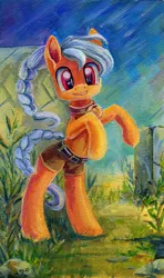 Size: 470x794 | Tagged: safe, artist:maytee, derpibooru import, oc, oc:veoria, unofficial characters only, earth pony, pony, braided ponytail, clothes, cute, female, gift art, grass, looking at you, mare, raised hoof, rearing, shorts, smiling, solo, traditional art