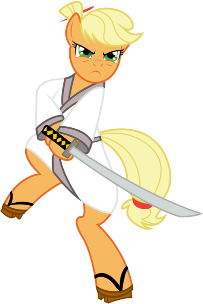 Size: 3343x5000 | Tagged: safe, artist:kooner-cz, derpibooru import, applejack, pony, absurd resolution, bipedal, crossover, geta, katana, pun, samurai applejack, samurai jack, simple background, solo, sword, transparent background, vector, visual pun, weapon