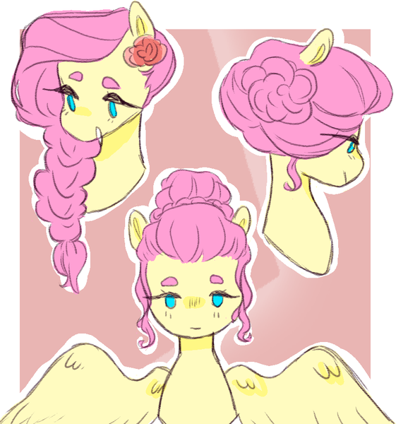 Size: 842x900 | Tagged: safe, artist:milky-rabbit, derpibooru import, fluttershy, pegasus, pony, alternate hairstyle, bust, cute, flower, flower in hair, looking at you, looking away, no pupils, portrait, smiling, solo, spread wings