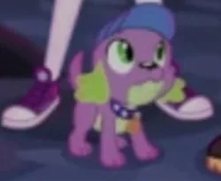 Size: 586x480 | Tagged: safe, derpibooru import, screencap, sci-twi, spike, spike the regular dog, twilight sparkle, dog, equestria girls, legend of everfree, cap, clothes, converse, hat, low quality, shoes, sneakers, socks, solo