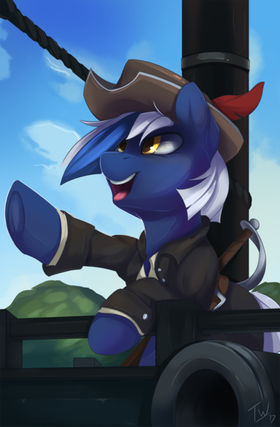 Size: 1020x1556 | Tagged: safe, artist:tangomangoes, derpibooru import, oc, unofficial characters only, earth pony, pony, clothes, cloud, commission, hat, male, open mouth, pirate, pointing, ship, signature, sky, smiling, solo, stallion, sword, weapon
