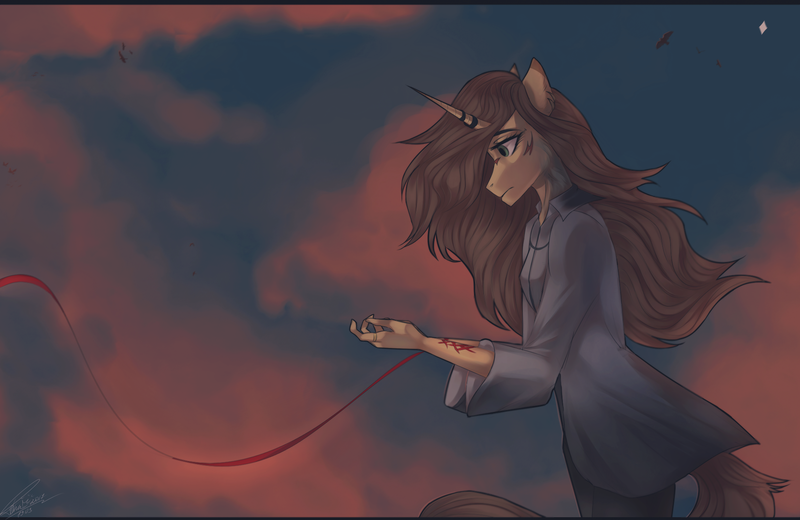 Size: 2000x1300 | Tagged: grimdark, artist:orfartina, derpibooru import, oc, oc:orfartina, unofficial characters only, anthro, unicorn, anthro oc, blood, clothes, cloud, female, mare, sky, solo