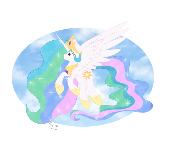 Size: 1024x878 | Tagged: safe, artist:princesssnowfreeze, derpibooru import, princess celestia, alicorn, pony, crown, flying, jewelry, peytral, regalia, solo, spread wings