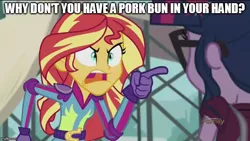 Size: 800x450 | Tagged: safe, derpibooru import, edit, edited screencap, screencap, sci-twi, sunset shimmer, twilight sparkle, equestria girls, angry, caption, exploitable meme, image macro, meme, sleeping dogs, sunset yells at twilight