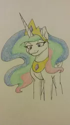 Size: 720x1280 | Tagged: safe, artist:sleepymoon735, derpibooru import, princess celestia, alicorn, pony, crown, jewelry, lidded eyes, peytral, regalia, simple background, smiling, solo, traditional art, white background