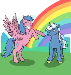 Size: 911x962 | Tagged: safe, artist:quoting_mungo, derpibooru import, firefly, pokey pierce, pegasus, pony, unicorn, duo, eyes closed, g1, rainbow, rearing, simple background