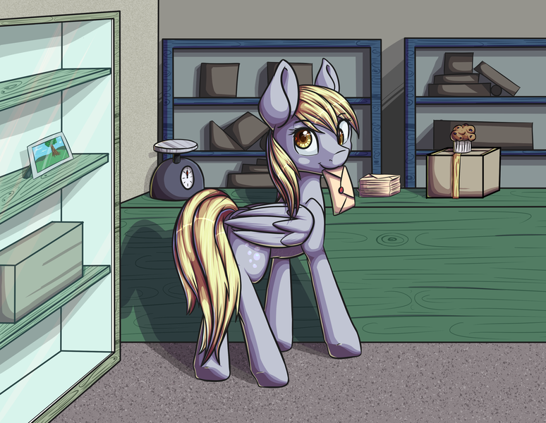 Size: 3234x2508 | Tagged: dead source, safe, artist:itresad, derpibooru import, derpy hooves, pegasus, pony, cute, envelope, female, food, indoors, letter, mailmare, mare, mouth hold, muffin, post office, snack, solo, tail