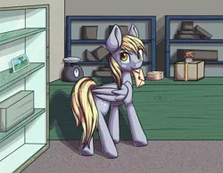 Size: 3234x2508 | Tagged: dead source, safe, artist:itresad, derpibooru import, derpy hooves, pegasus, pony, cute, envelope, female, food, indoors, letter, mailmare, mare, mouth hold, muffin, post office, snack, solo, tail