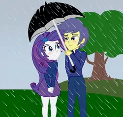 Size: 1900x1800 | Tagged: dead source, safe, artist:mashoart, derpibooru import, comet tail, rarity, equestria girls, blushing, clothes, cometity, equestria girls-ified, eye contact, female, lidded eyes, looking at each other, male, rain, shipping, skirt, smiling, straight, sweater, tree, umbrella