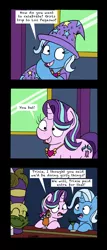 Size: 1451x3384 | Tagged: suggestive, artist:bobthedalek, derpibooru import, starlight glimmer, trixie, pony, unicorn, celestial advice, cape, clothes, comic, dialogue, drink, eyes closed, female, fishnets, hat, implied lesbian, mare, open mouth, smiling, strip club, stripper, trixie's cape, trixie's hat