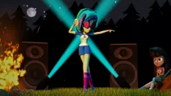 Size: 3840x2160 | Tagged: safe, artist:dj-chopin, derpibooru import, octavia melody, vinyl scratch, equestria girls, legend of everfree, 3d, bonfire, breasts, camp everfree outfits, cello, clothes, dancing, female, headphones, listening, moon, music, musical instrument, shoes, sitting, socks, spotlight