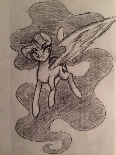 Size: 1024x1365 | Tagged: artist:m8rquise, derpibooru import, photo, princess luna, safe, spread wings, traditional art