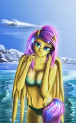 Size: 1875x3000 | Tagged: anthro, artist:bluenight01, belly button, bikini, breasts, busty fluttershy, clothes, cloud, derpibooru import, female, fluttershy, looking at you, nail polish, sky, solo, solo female, suggestive, swimsuit, water