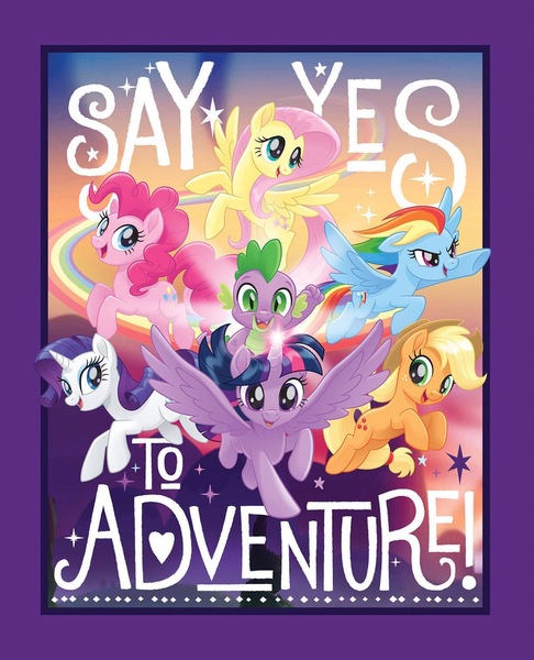 Size: 1215x1500 | Tagged: safe, derpibooru import, official, applejack, fluttershy, pinkie pie, rainbow dash, rarity, spike, twilight sparkle, twilight sparkle (alicorn), alicorn, dragon, earth pony, pegasus, pony, unicorn, my little pony: the movie, fabric, mane six, merchandise, panel, poster