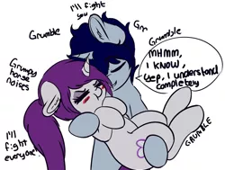 Size: 1280x967 | Tagged: safe, artist:wickedsilly, derpibooru import, oc, oc:sleepy head, oc:wicked silly, unofficial characters only, pony, unicorn, :t, blush sticker, blushing, carrying, comforting, couple, cute, descriptive noise, dialogue, ear fluff, eyes closed, female, grumpy, horse noises, male, mare, oc x oc, ocbetes, ponysona, shipping, simple background, stallion, straight, white background, wickedsleepy