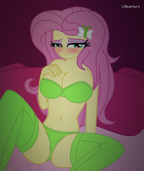 Size: 1280x1519 | Tagged: suggestive, artist:cbear624, derpibooru import, fluttershy, equestria girls, bed, big breasts, blushing, bra, breasts, busty fluttershy, cleavage, clothes, eyeshadow, female, hairpin, hooters, lingerie, looking at you, makeup, panties, pillow, sexy, solo, solo female, spread legs, spreading, stockings, thigh highs, underwear