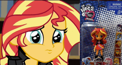 Size: 722x386 | Tagged: safe, derpibooru import, sunset shimmer, equestria girls, friendship games, animated, bootleg, doll, eye shimmer, gif, lip quiver, looking at you, my fun hose, sad, toy