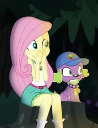 Size: 368x480 | Tagged: safe, derpibooru import, screencap, fluttershy, spike, spike the regular dog, dog, equestria girls, legend of everfree, camp everfree outfits, cap, clothes, hand over mouth, hat, scared, skirt, socks