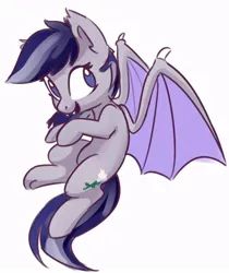 Size: 778x926 | Tagged: safe, artist:lilfunkman, derpibooru import, oc, oc:daturea eventide, unofficial characters only, bat pony, pony, cute, cute little fangs, fangs, flying, simple background, solo, white background