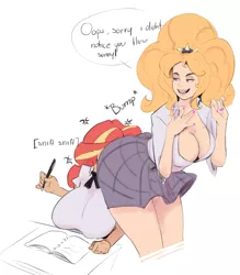 Size: 958x1096 | Tagged: suggestive, artist:sundown, derpibooru import, edit, adagio dazzle, sunset shimmer, equestria girls, adagio dat-azzle, ass, bedroom eyes, big breasts, book, breasts, busty adagio dazzle, busty sunset shimmer, butt sniffing, cleavage, clothes, descriptive noise, facesitting, female, huge breasts, huge butt, humanized, implied lesbian, implied shipping, implied sunsagio, large butt, open mouth, pen, schoolgirl, simple background, skirt, smiling, the ass was fat, white background