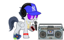 Size: 729x460 | Tagged: safe, artist:jawsandgumballfan24, derpibooru import, rumble, pony, pony creator, bling, boombox, hat, headphones, microphone, new york yankees, nike, rapper, shoes, simple background, sneakers, solo, sunglasses, transparent background, wristband