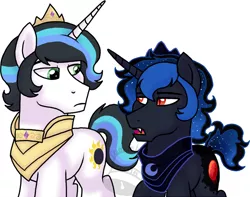 Size: 800x629 | Tagged: safe, artist:tambelon, derpibooru import, oc, oc:prince eclipse, oc:prince nocturne, unofficial characters only, pony, unicorn, colt, cousins, male, offspring, parent:good king sombra, parent:king sombra, parent:princess celestia, parent:princess luna, parents:celestibra, parents:lumbra, simple background, solo, watermark, white background