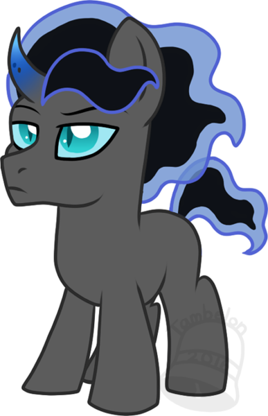 Size: 452x700 | Tagged: safe, artist:tambelon, derpibooru import, oc, oc:lucid dreams, unofficial characters only, pony, unicorn, blank flank, colt, male, offspring, parent:king sombra, parent:princess luna, parents:lumbra, simple background, solo, transparent background, watermark