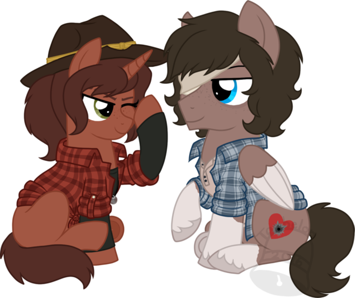 Size: 800x672 | Tagged: safe, artist:tambelon, derpibooru import, ponified, pegasus, pony, unicorn, carl grimes, clothes, colt, crossover, ellie, female, filly, hat, male, shipping, shirt, straight, the last of us, the walking dead, video game, watermark